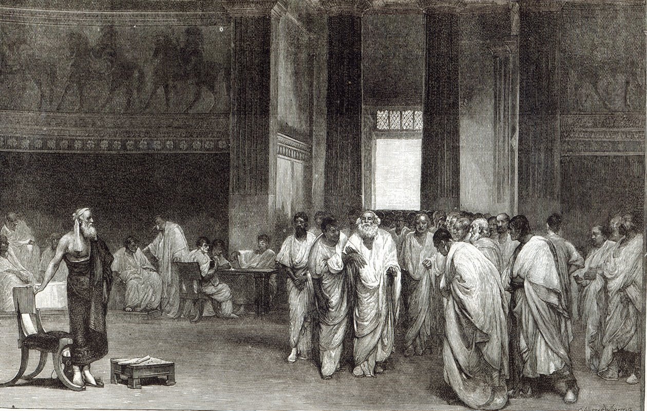 Appius Claudius övertalar senaten att avslå Pyrrhus erbjudande om fred, från "Leisure Hour", 1891 av Cesare Maccari