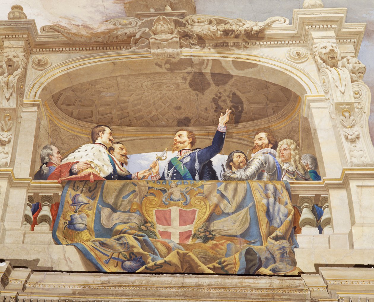 Detalj från Allegory of Italy, fresk av Cesare Mariani (1826-1901), tak, Majoritetssalen, Palazzo delle Finanze (Finanspalatset), Rom. Italien av Cesare Mariani