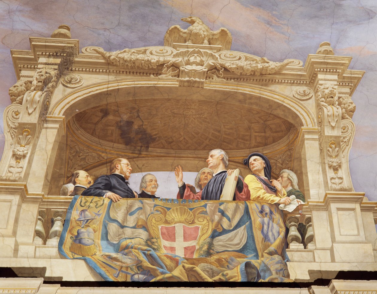 Detalj från Allegory of Italy, fresk av Cesare Mariani (1826-1901), tak, Majoritetens hall, Palazzo delle Finanze (Finanspalatset), Rom. Italien av Cesare Mariani