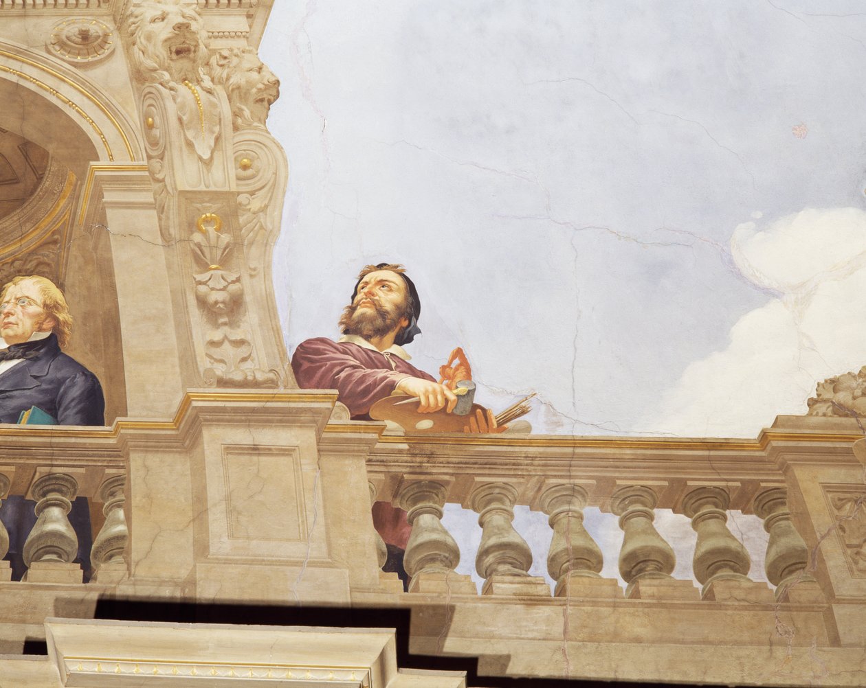 Detalj från Allegory of Italy, fresk av Cesare Mariani (1826-1901), tak, Majoritetens hall, Palazzo delle Finanze (Finanspalatset), Rom. Italien av Cesare Mariani