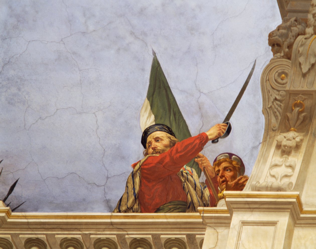 Detalj från Allegory of Italy, fresk av Cesare Mariani (1826-1901), tak, Majoritetssalen, Palazzo delle Finanze (Finanspalatset), Rom. Italien av Cesare Mariani