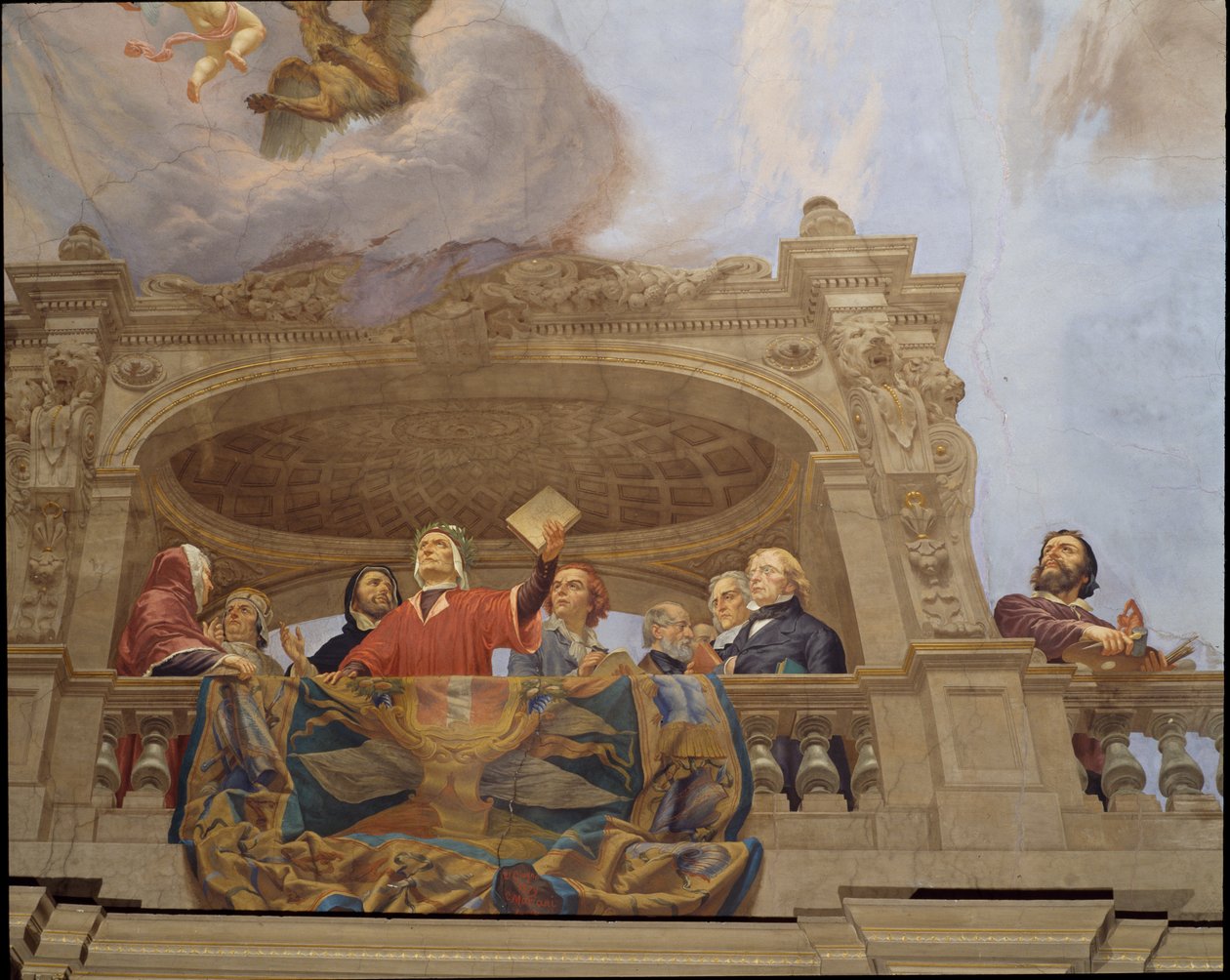 Detalj från Allegory of Italy, fresk av Cesare Mariani (1826-1901), tak, Majoritetens sal, Palazzo delle Finanze (Finanspalatset), Rom. Italien av Cesare Mariani