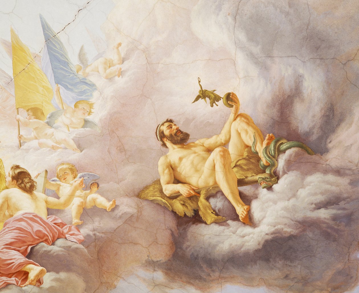Detalj från Allegory of Italy, fresk av Cesare Mariani (1826-1901), tak, Majoritetssalen, Palazzo delle Finanze (Finanspalatset), Rom. Italien av Cesare Mariani