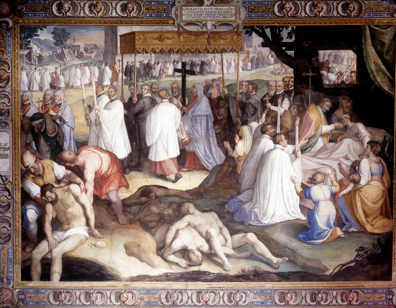 Milanos pest: St. Charles Borromeo (1538 - 1584) kommunicerar de döende. Fresk av Carlo Nebbia på Borromeo College i Pavia. 1500-talet av Cesare Nebbia