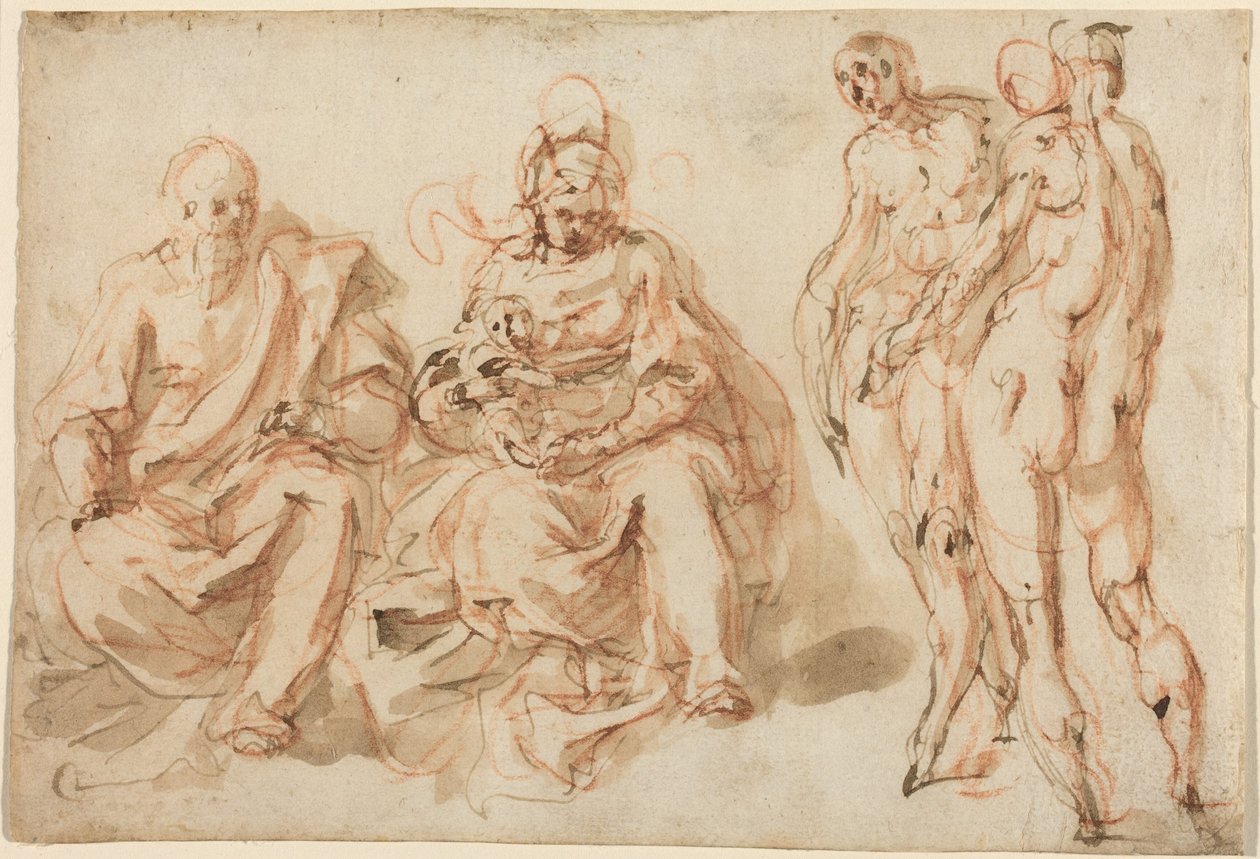 The Adoration of the Shepherds (penna och brunt bläck med ljusbrun lav över röd krita på liggande papper) av Cesare Pollini