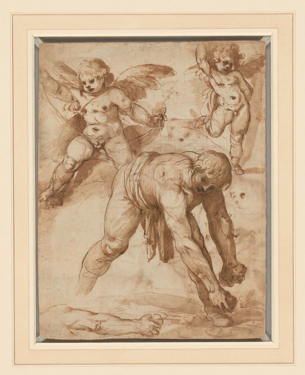 Studier av en figur som böjer sig över, två putti och en arm (recto); Vila på flykten till Egypten (verso) av Cesare Rossetti