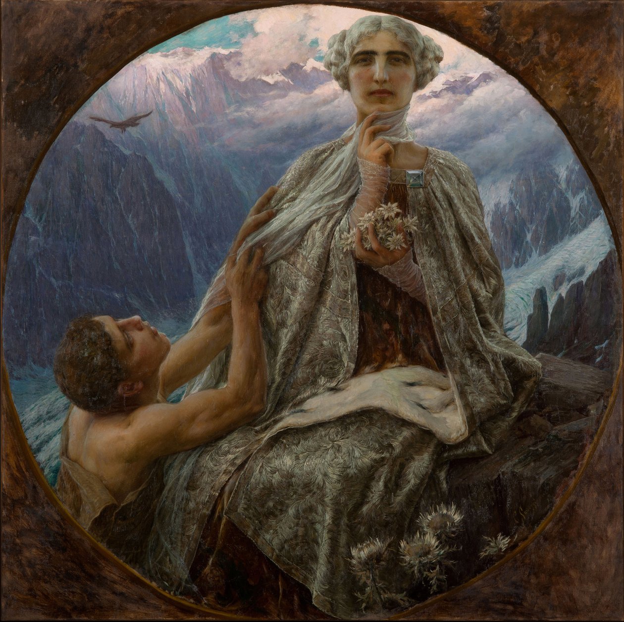 Toppen av berget. Isdrottningen - Bergstoppen. Isdrottningen av Saccaggi, Cesare (1868-1934). Olja på duk, storlek: D 140 av Cesare Saccaggi