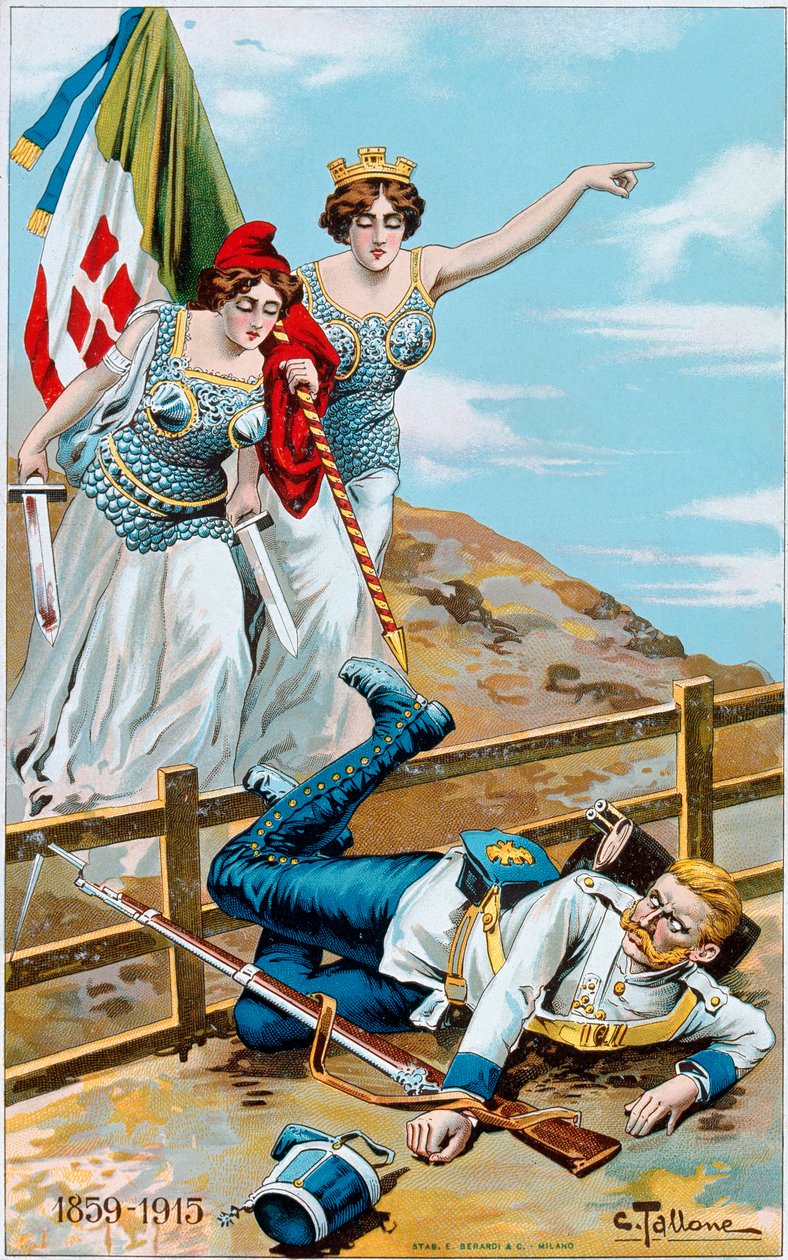 Första världskriget: affisch som visar en allegori om Italien och Frankrike som jagar Tyskland bortom gränsen. Illustration av Cesare Tallone (1853-1919) Privat samling av Cesare Tallone