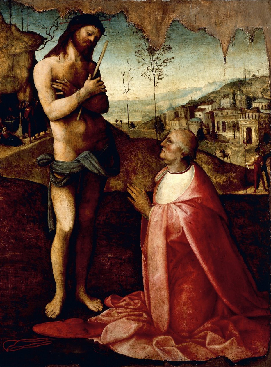 Den lidande Kristus och kardinalen Oliviero Carafa i bön (målning) av Cesare da Sesto