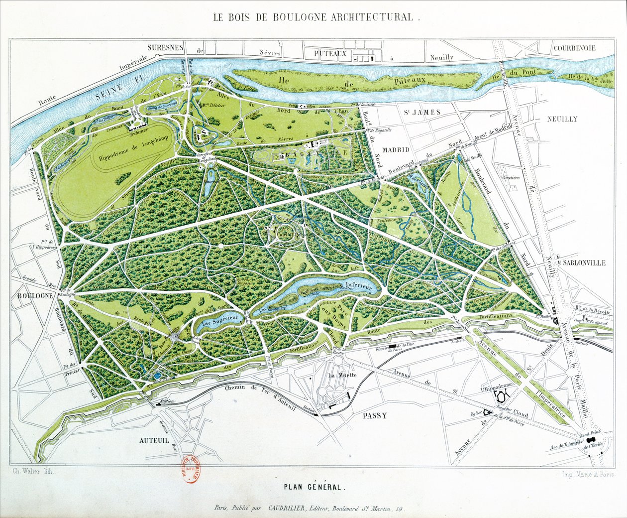 Plan över Bois de Boulogne i Paris, publicerad av Caudrilier, 1860 av Ch. Walter