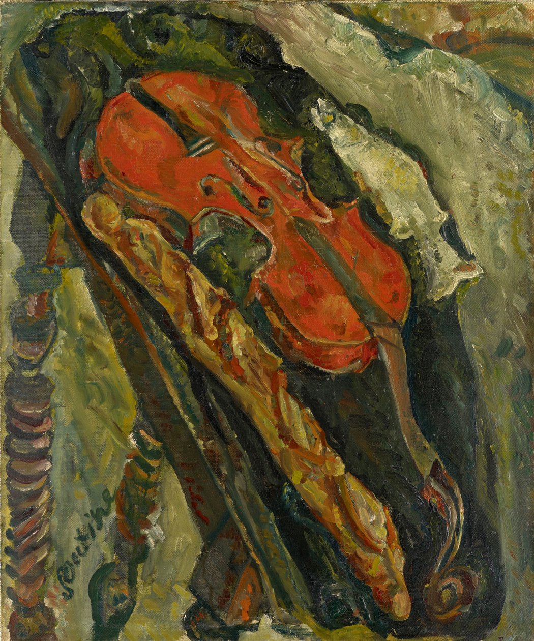 Nature morte au violon, pain et poisson Stilleben med fiol, bröd och fisk, ca. 1922. av Chaim Soutine