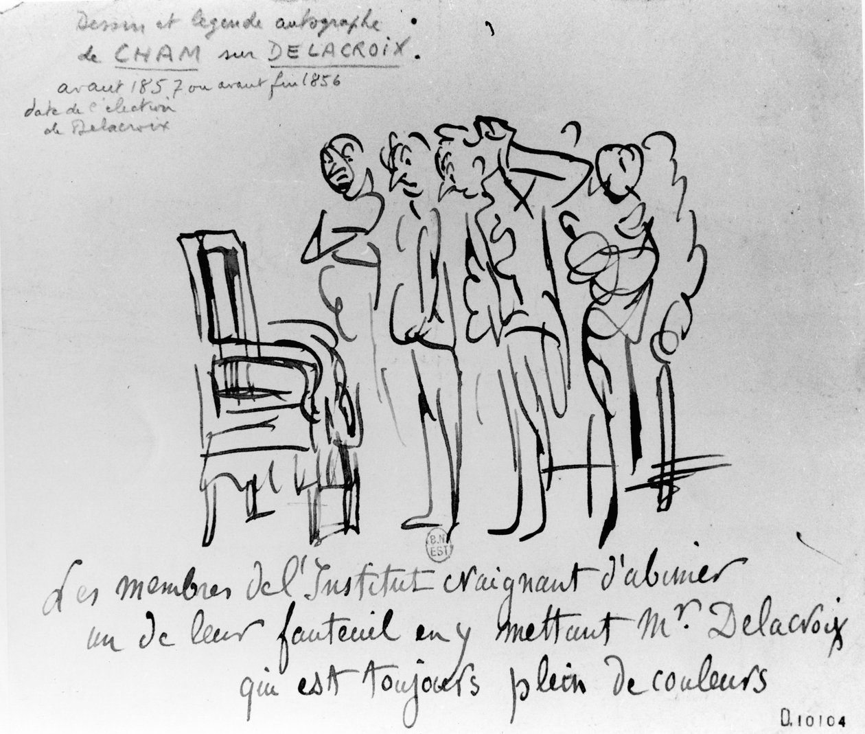 Motvilja hos medlemmarna i Institut de France att installera Delacroix på en av sina stolar av rädsla för att hans kärlek till färger kommer att fläcka sätet, 1856-7 (penna, pensel och bläck på papper) av Cham