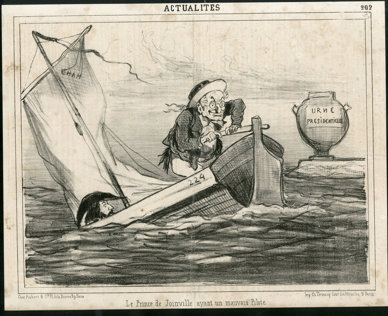 Illustration av Cham (1819-1879) i Le Charivari, cirka 1850 - Prinsen av Joinville har en dålig pilot - Val, republikens president, Maritime Marine Nautique Balneaire - Thiers Adolphe, Francois d