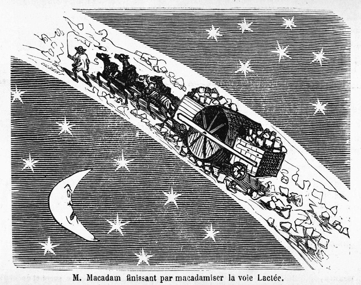 Tecknad film på stenbeläggningen av gator, MacAdam, skotsk ingenjör (1756-1838): "" M. Macadam slutar med att makadamisera Vintergatan""" - i "" Album Charivarique"", ill. de Cham av Amédée de Noé