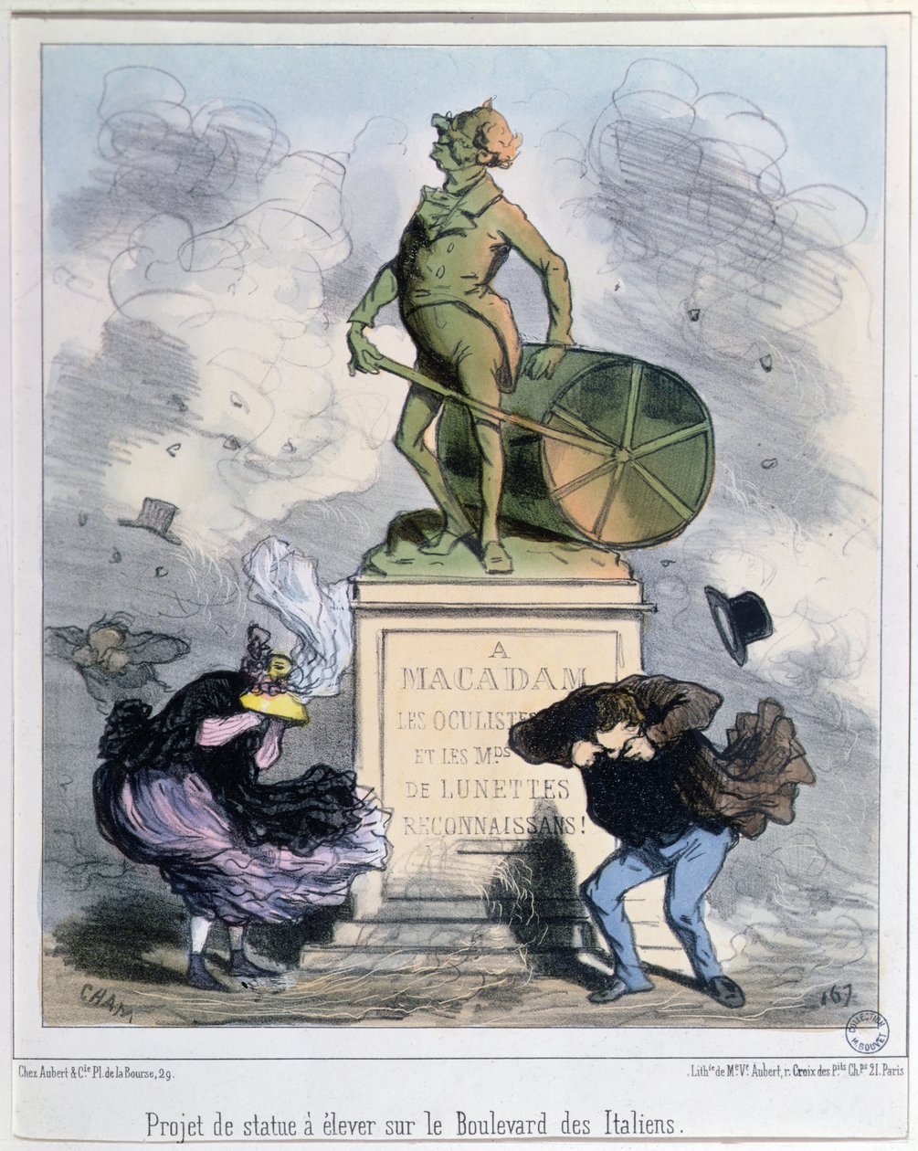 Projekt för att resa en staty för att hedra Macadam på Boulevard des Italiens, Paris (färg litho) av Amédée de Noé
