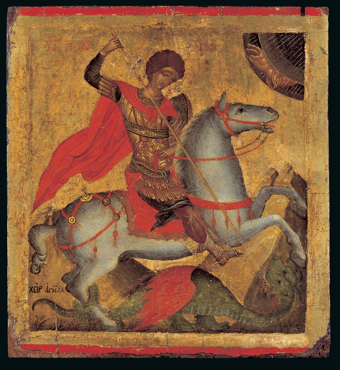 Ikon av St. George till häst, Slaying the Dragon (äggtempera på trä) av Chanter Angelos Akotandos