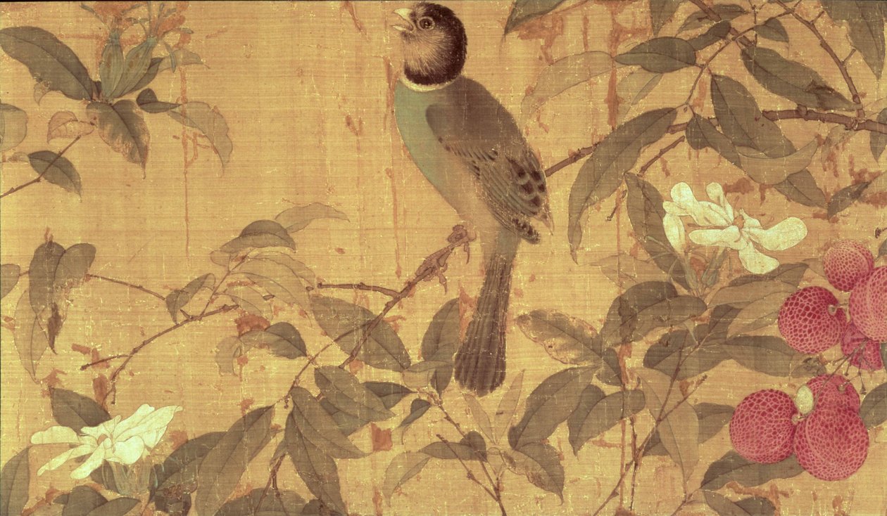 Lägg till 32 OA-fåglar och blommor, detaljer från en horisontell rullning (bläck och färger på siden) av Chao Chi