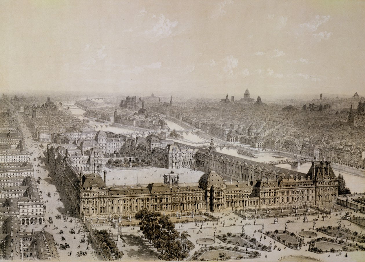 Det färdiga Louvren och den nya Rue de Rivoli, graverat av Philippe Benoist (1813-c.1905) av Chapuis