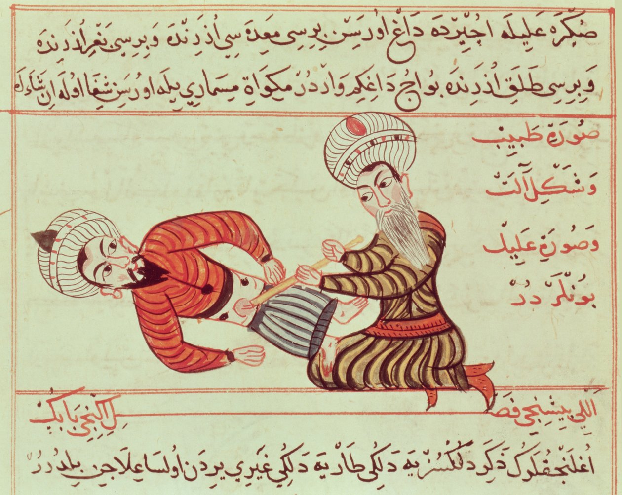 Ms Sup Turc 693 fol.95 Kirurgisk punktering av bukhålan vid aspiration av peritonealvätska med en kanyl på en patient som lider av vattusot, 1466 av Charaf ed Din