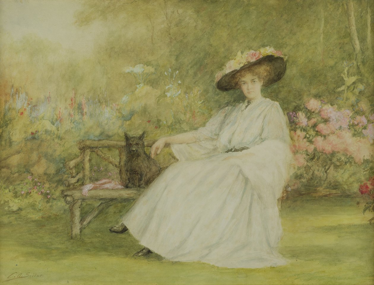 Lady and her Dog på Corsham Court, ca 1914 (penna, wc och gouache på papper) av Charles A. Sellar