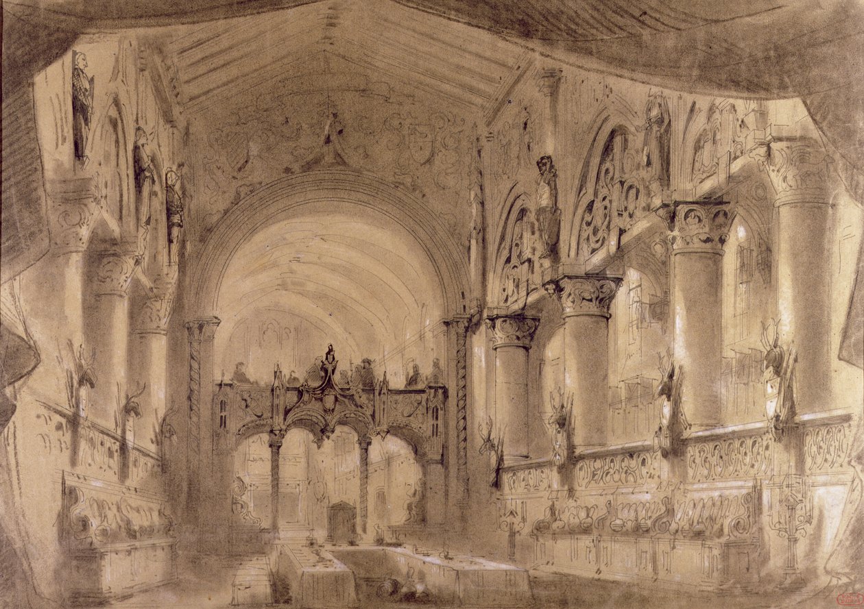 Scenografi för akt II av en föreställning av operan "Macbeth" av Giuseppe Verdi (1813-1901) på Theatre Lyrique, Chatelet, 1865 av Charles Antoine Cambon