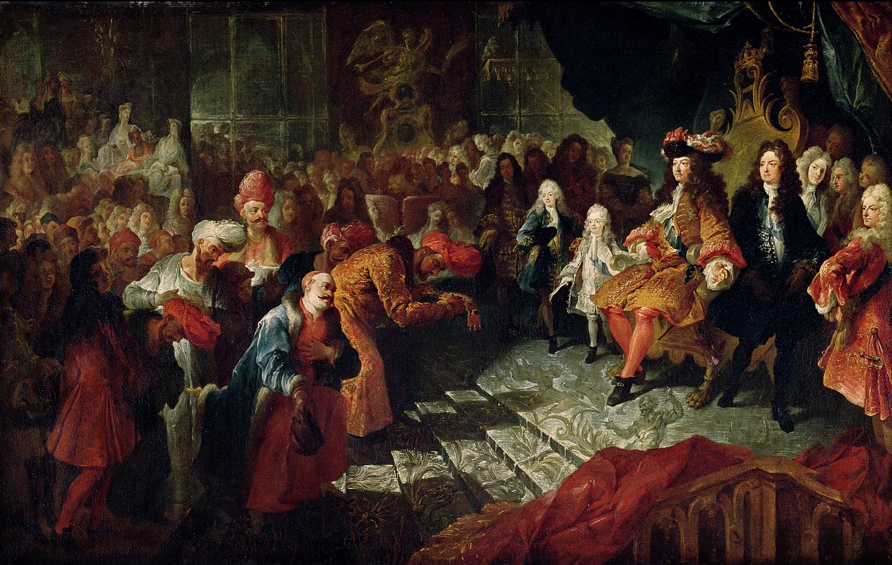 Ludvig XIV (1638-1715) tar emot den persiske ambassadören Mohammed Reza Beg i Galerie des Glaces i Versailles, 19 februari 1715 av Charles Antoine Coypel
