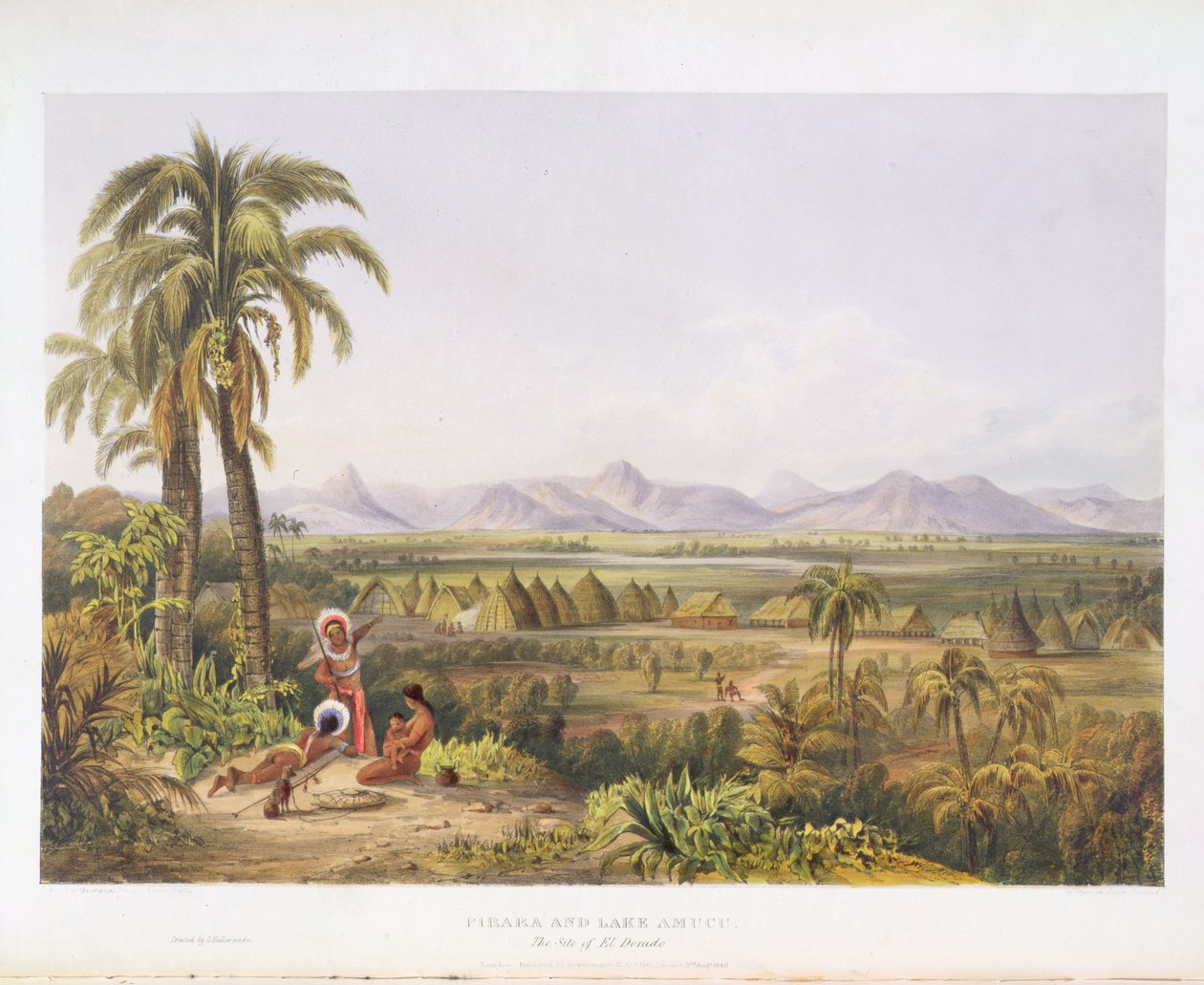 Pirara och Amucu-sjön, platsen för El Dorado, från "Views in the Interior of Guiana", graverad av George Barnard (fl.1832-90), publicerad av Ackermann, 1840. av Charles Bentley