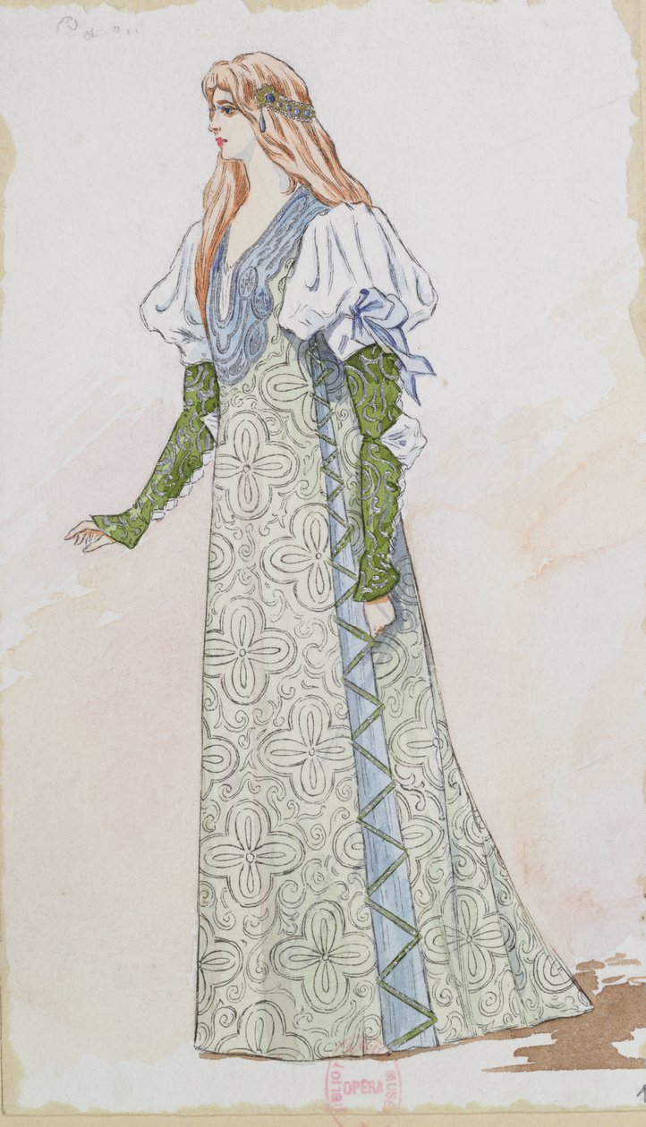 Desdemona Kostymdesign för urpremiären av Otello av Giuseppe Verdi (1831-1901) 1894 på Parisoperan, 1894 (penna, blyertspenna och wc på papper) av Charles Bianchini