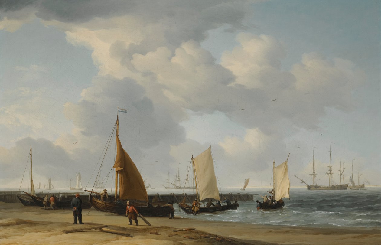 A  Beach Scene with a Man-of-War in the Distance av Charles Brooking