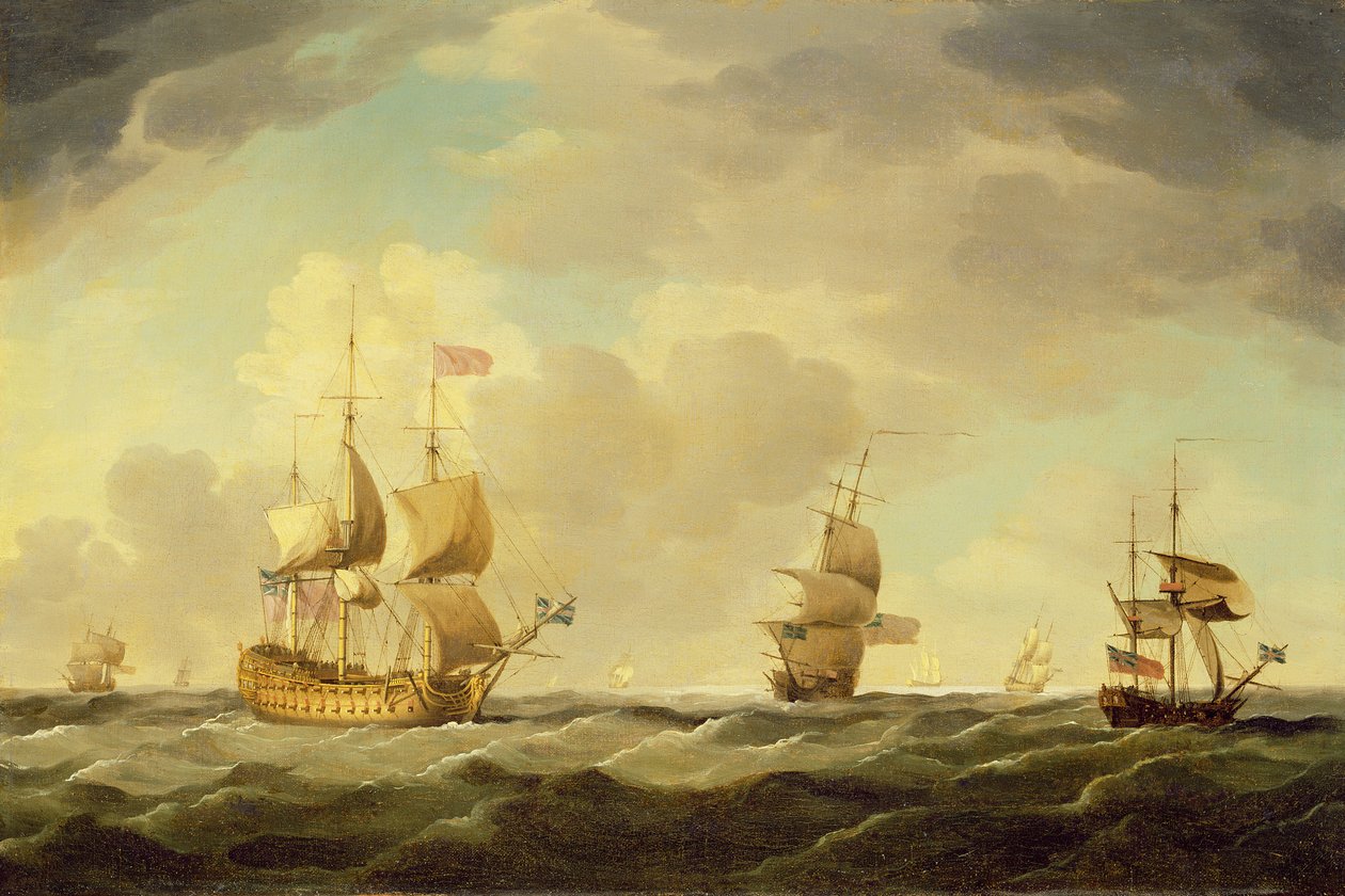 Ett engelskt flaggskepp under lätt segling i en måttlig bris, c.1750 av Charles Brooking