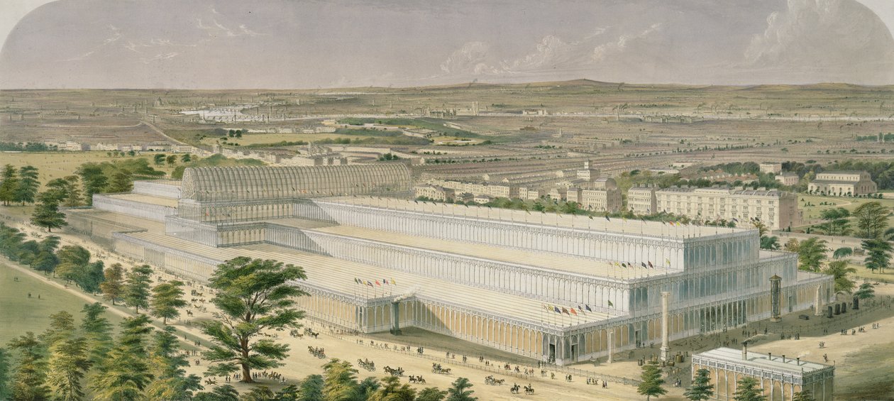 Aeronautisk sikt av Palace of Industry för alla nationer, från Kensington Gardens, pub. av Ackermann, 1851 av Charles Burton