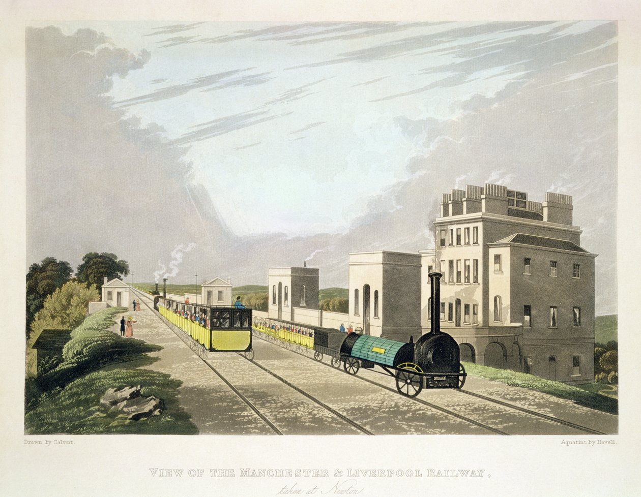 Utsikt över Manchester och Liverpool Railway, tagen vid Newton, 1825, graverad av Havell (akvatint) av Charles Calvert