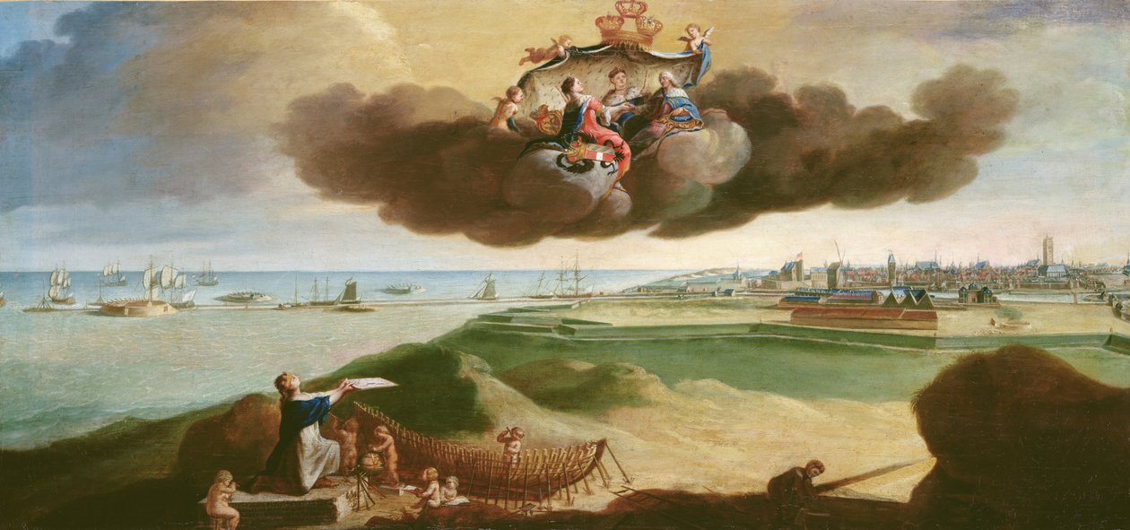 Staden Dunkirk presenterar planen för dess renovering för Ludvig XV (1710-74) 1758 av Charles Carlier