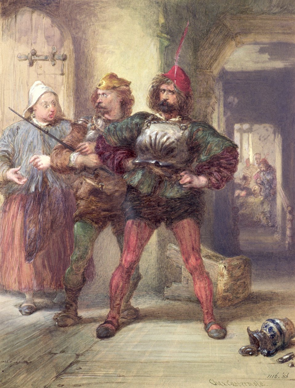 Mistress Quickly, Nym och Bardolph, från Shakespeares Falstaff-pjäser, (teckning) av Charles Cattermole