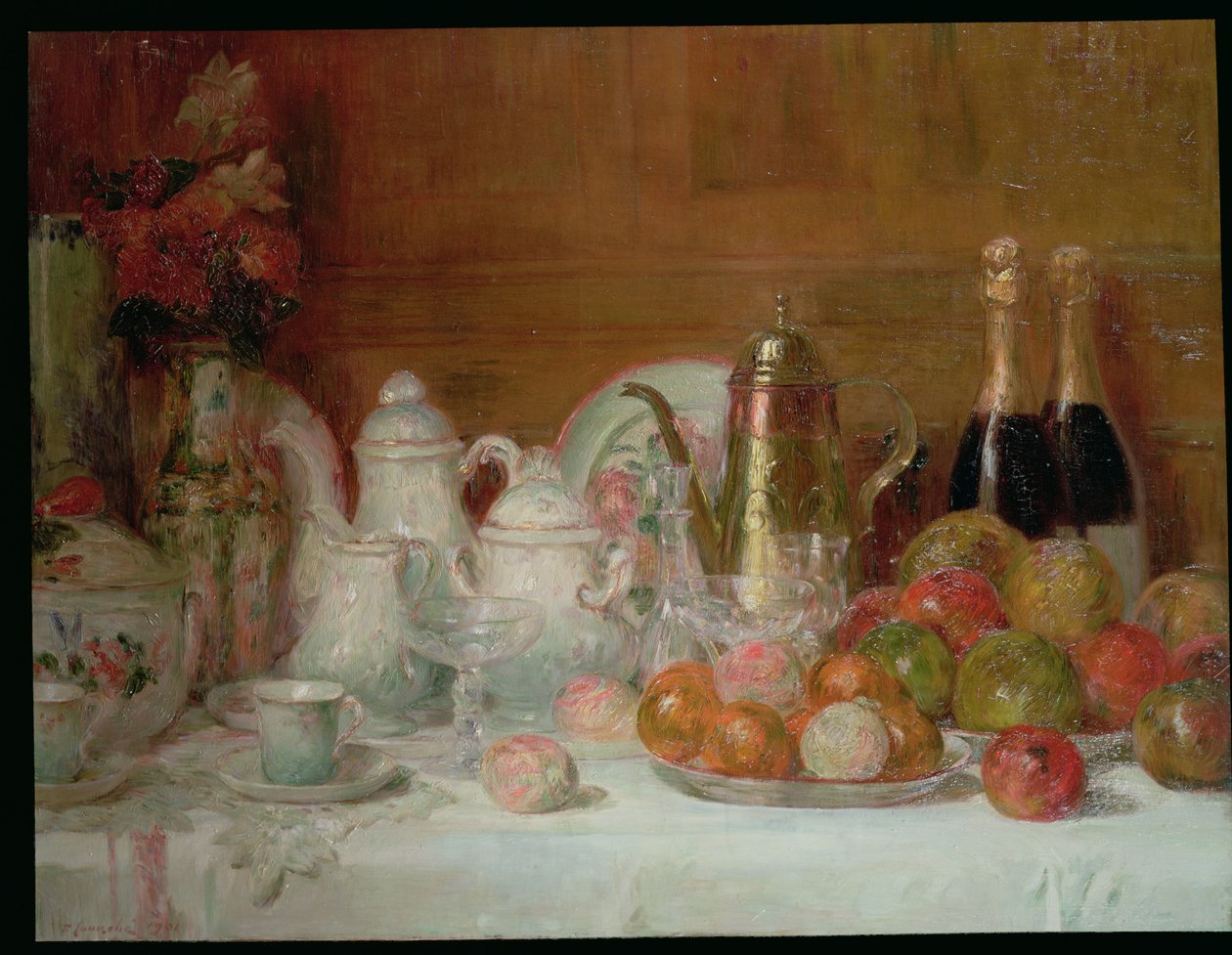 Stilleben med frukt- och champagneflaskor av Charles Couche