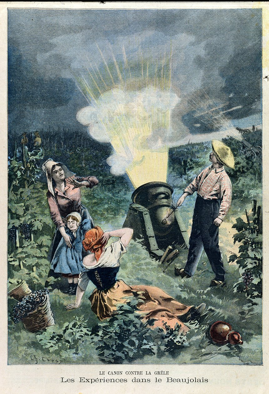 Experiment med en kanon för att förhindra att hagel skadar vinrankorna, från Le Petit Journal, 23 februari 1900. av Charles Crespin