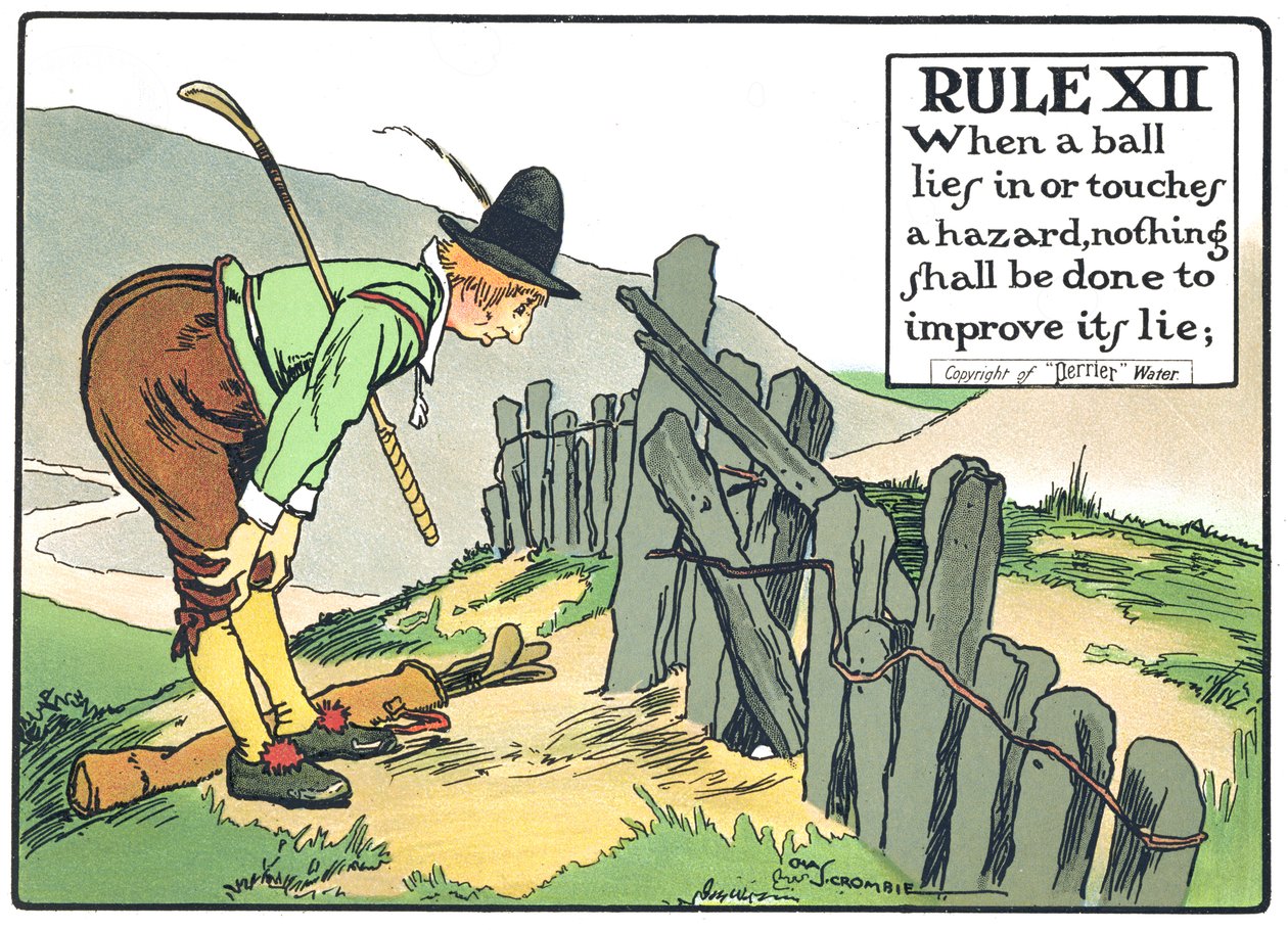 Artikel XII: När en boll ligger i eller berör en fara, får inget göras för att förbättra dess läge, från "Rules of Golf", publicerad 1905. av Charles Crombie