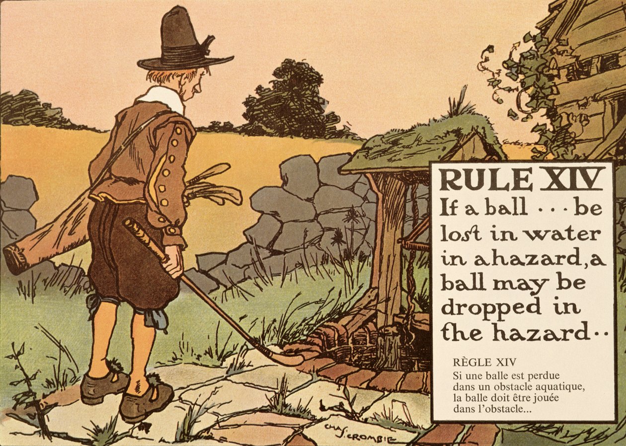 Regel XIV: Om en boll tappas bort i vatten i en hazard, kan en boll tappas i hazard, från 