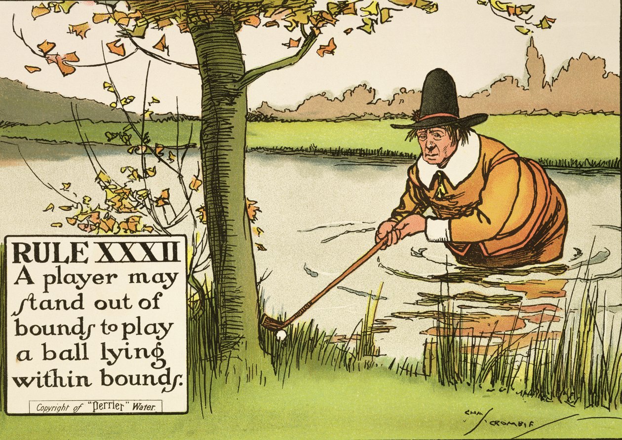 Artikel XXXII: En spelare får stå utanför gränserna för att spela en boll som ligger inom gränserna, från "Rules of Golf", publicerad 1905. av Charles Crombie