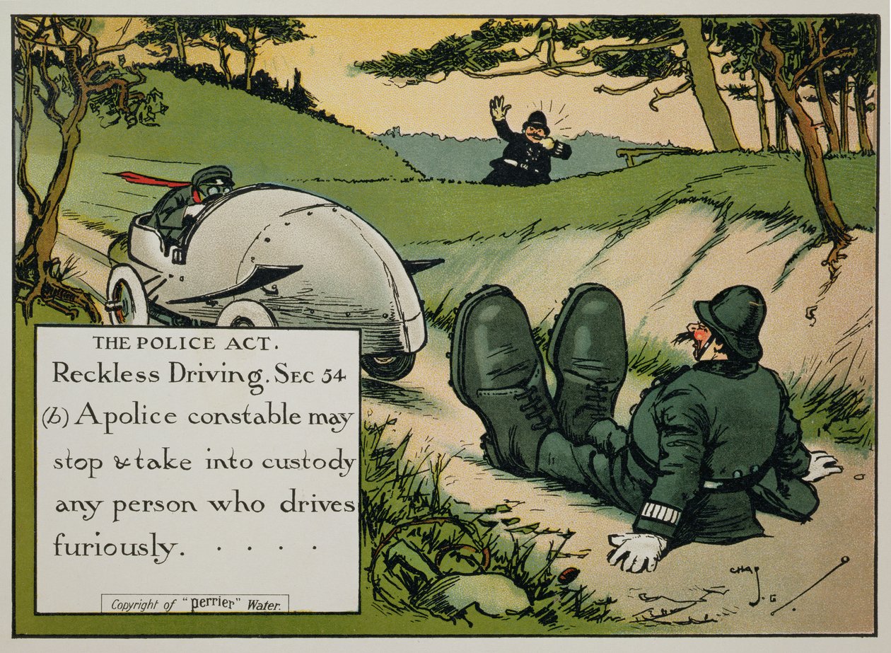 Polislagen. Vårdslös körning. Sec.54(b) En poliskonstapel får stoppa och omhänderta varje person som kör ursinnigt..., från en bok med trafikregler, publicerad ca 1905 av Charles Crombie