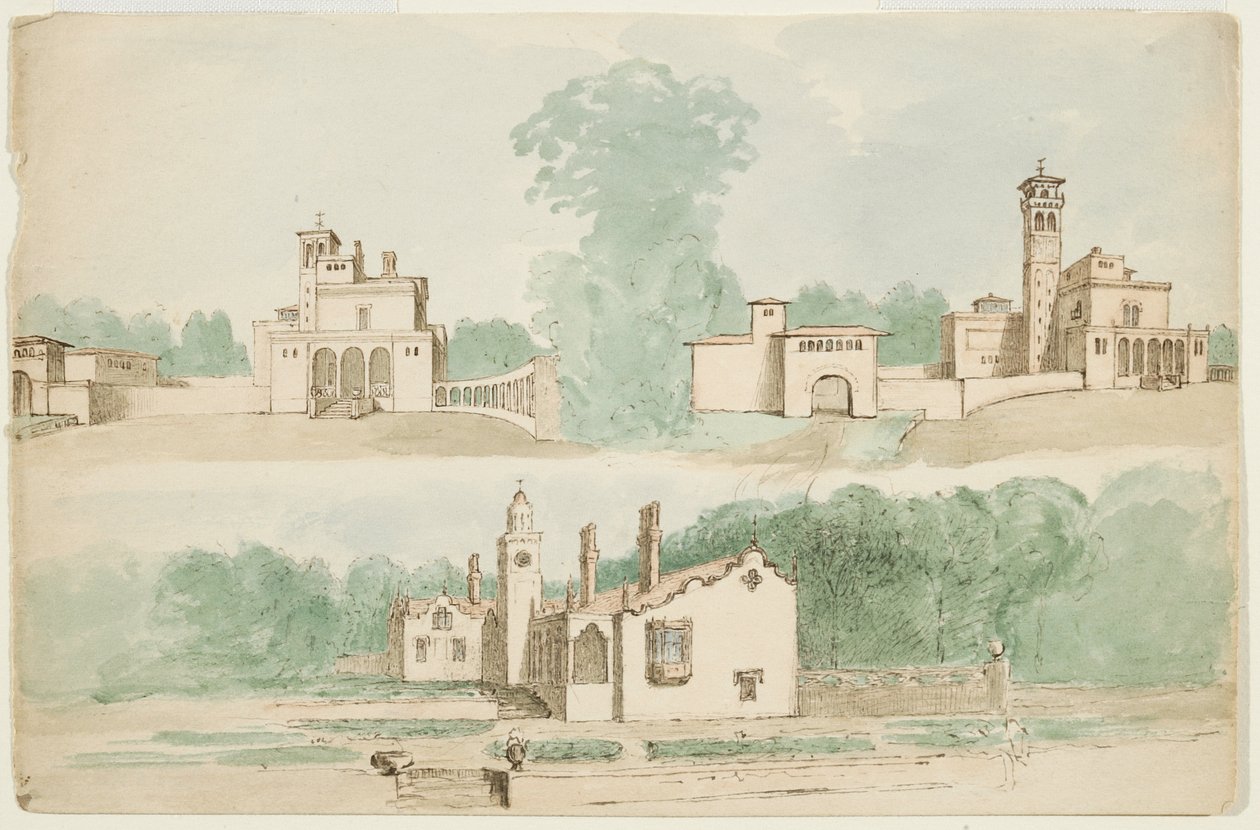 Tre arkitektoniske skitser af villaer (wc på papir) swed av Charles Cromwell Ingham