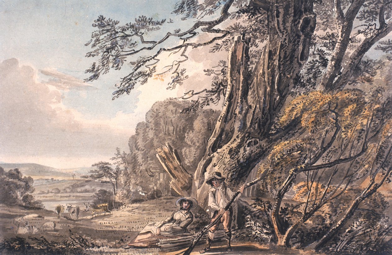 Landskap med figurer (bläck, penna & wc på papper) av Charles D. Waller