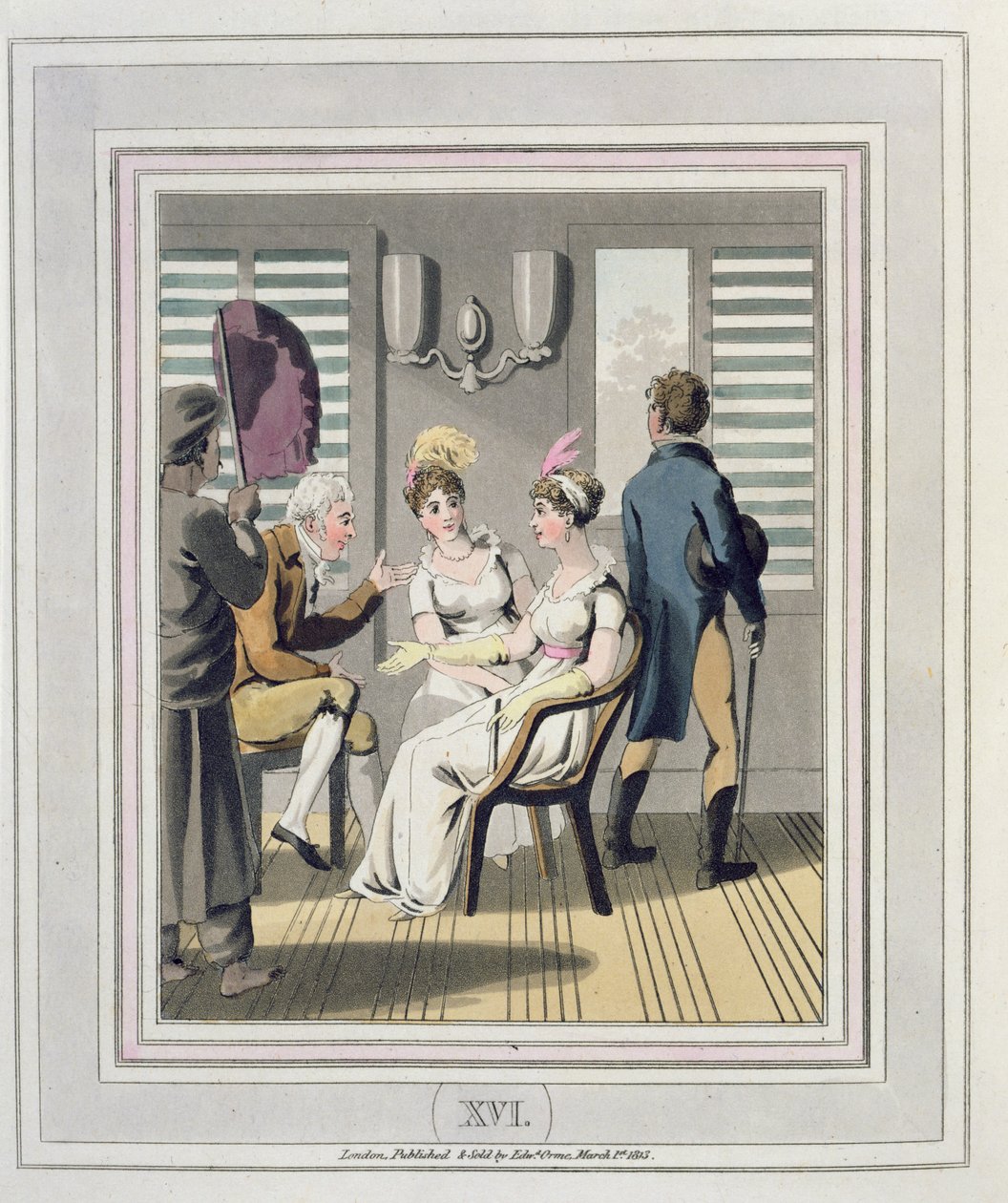 En europeisk dam, tillvaratagen av en tjänare, med hjälp av en hand Punkah eller solfjäder, skylt 16 från "The European in India", publicerad 1813 (handfärgad akvatint) av Charles d Oyly