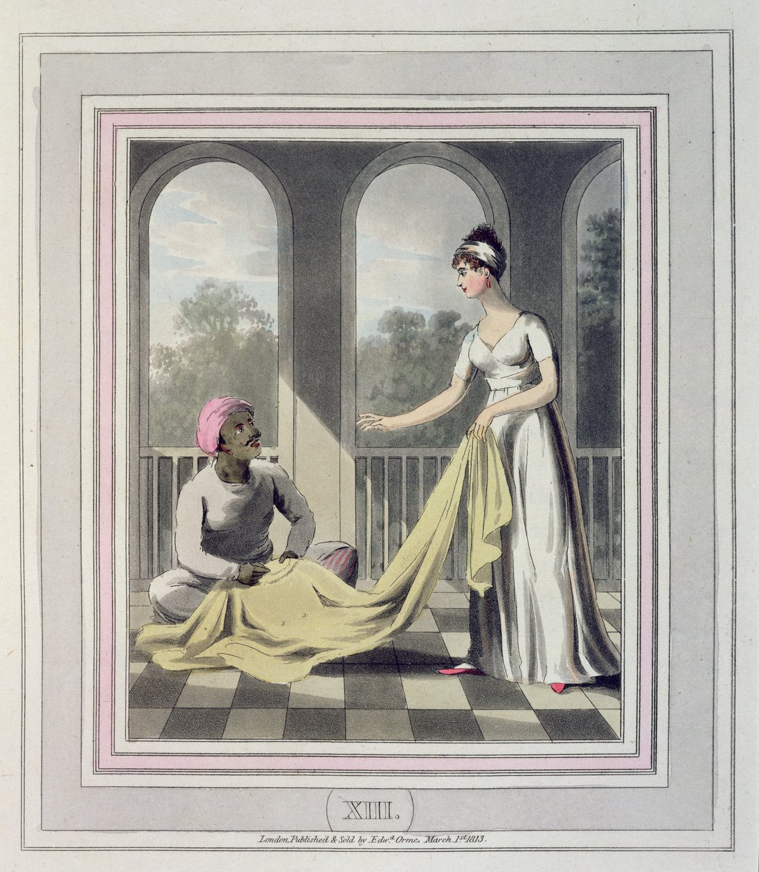 En europeisk dam som ger instruktioner till sin Durzee, en infödd skräddare, tavla 13 från "The European in India", publicerad 1813 (handkolorerad akvatint). av Charles d Oyly