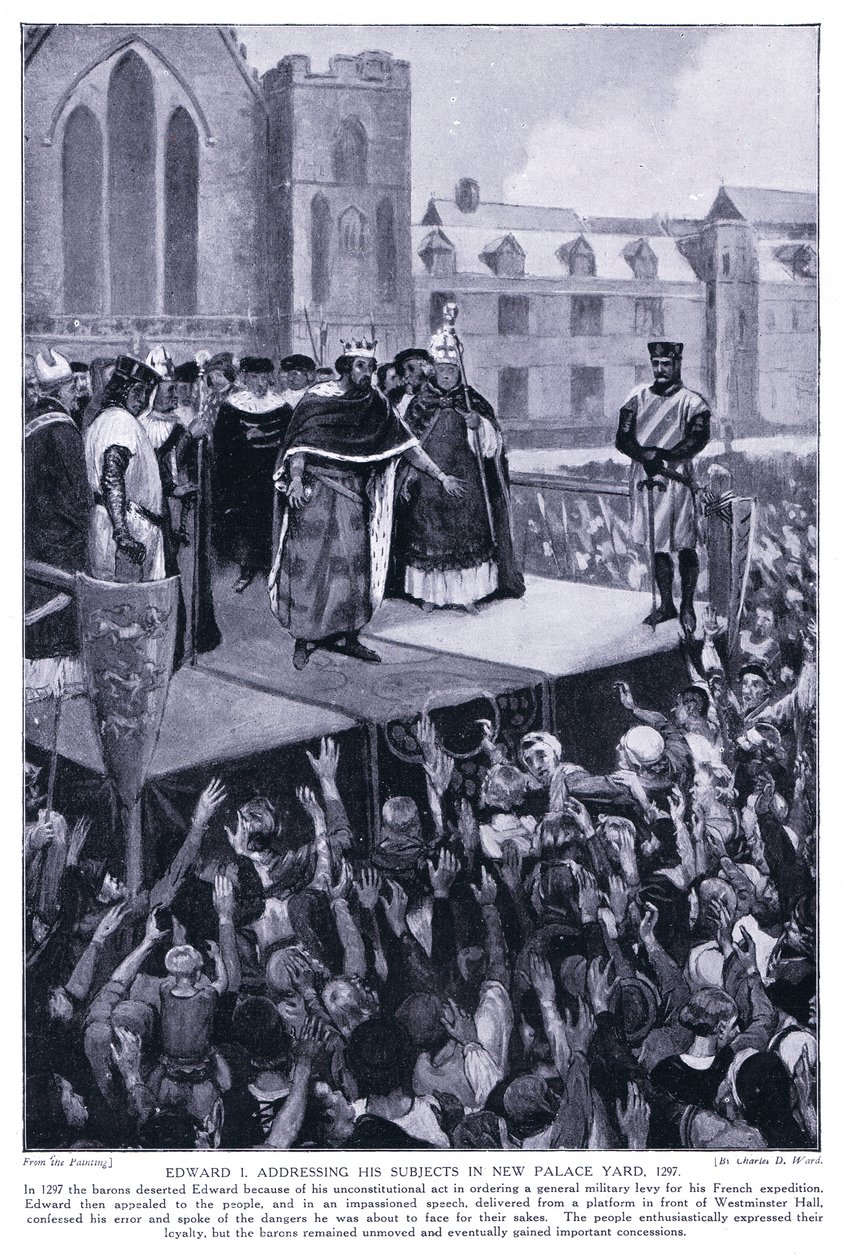 Edvard I talar till sina undersåtar på den nya palatsgården AD1297, 1920-talet. av Charles Daniel Ward