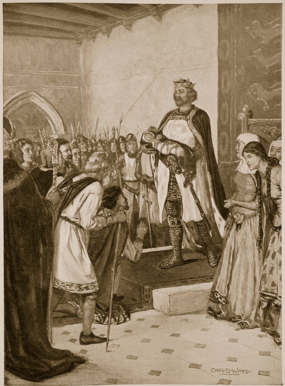 Kung Edward I presenterar sin späda son Edward för de walesiska hövdingarna i Carnarvon Castle som deras prins av Wales av Charles Daniel Ward