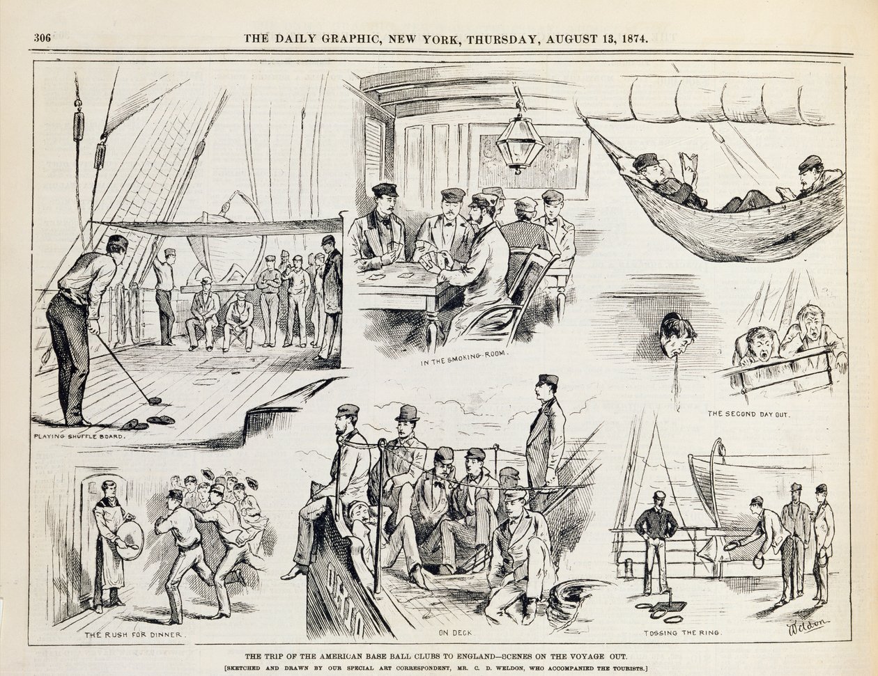 The Trip of the American Baseball Clubs to England (The Voyage Out) publicerad i New York Daily Graphic, 1874 av Charles Weld