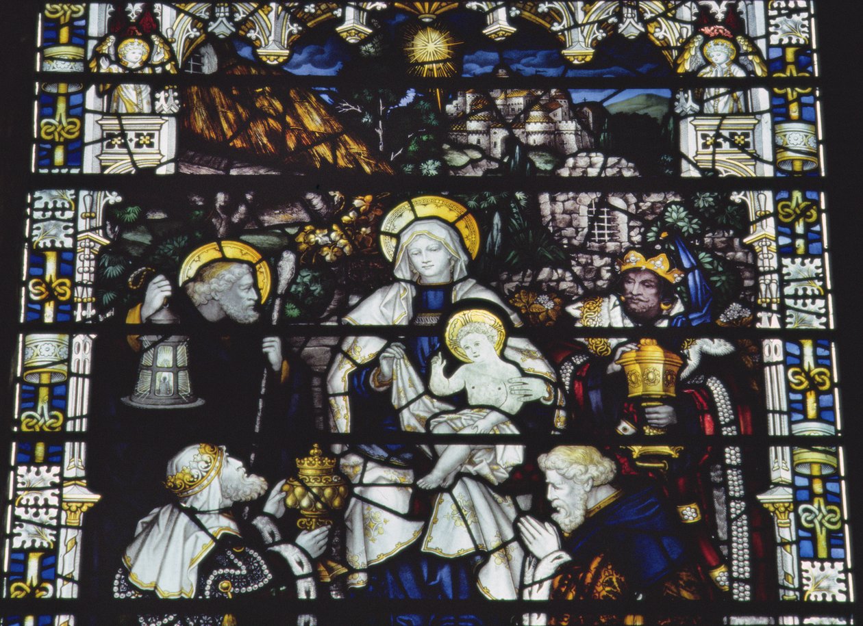 De vise kungarnas tillbedjan, tillverkad av Kempe und Co. (målat glas) av Charles E. Kempe