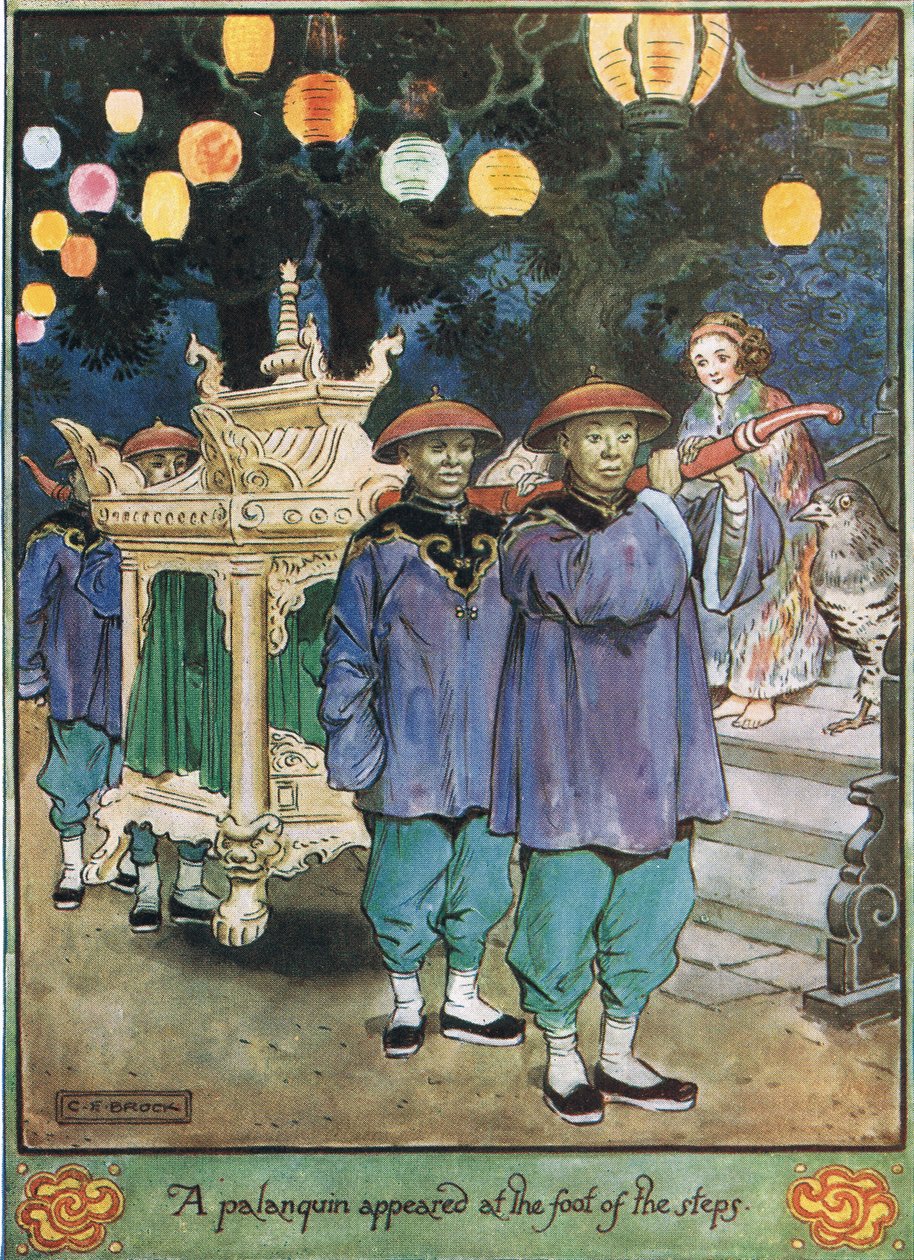 En Palanquin dök upp vid foten av trappan, illustration från "Gökuret" av Mrs Molesworth, publicerad av Macmillan 1930 av Charles Edmund Brock