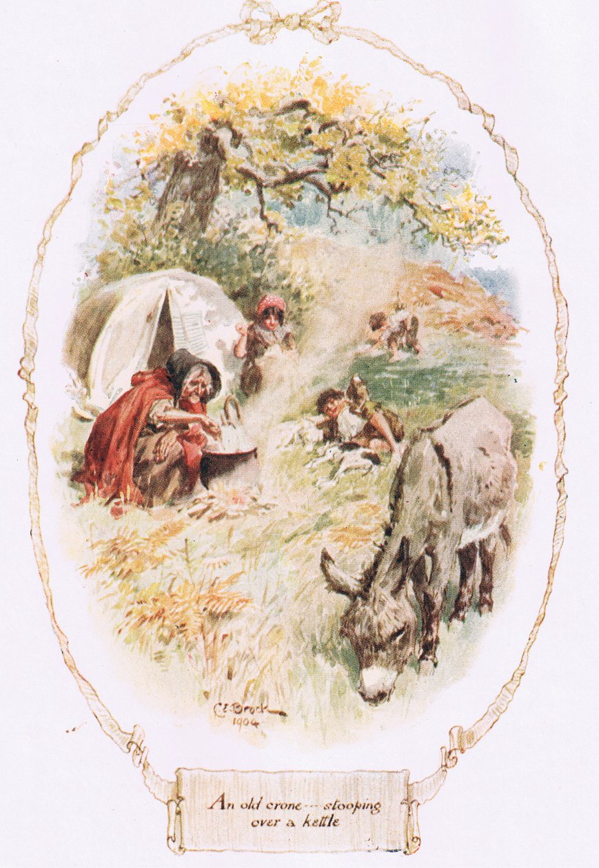 "En gammal kröna som lutar sig över en vattenkokare", från "Our Village" av Mary Russell Mitford av Charles Edmund Brock